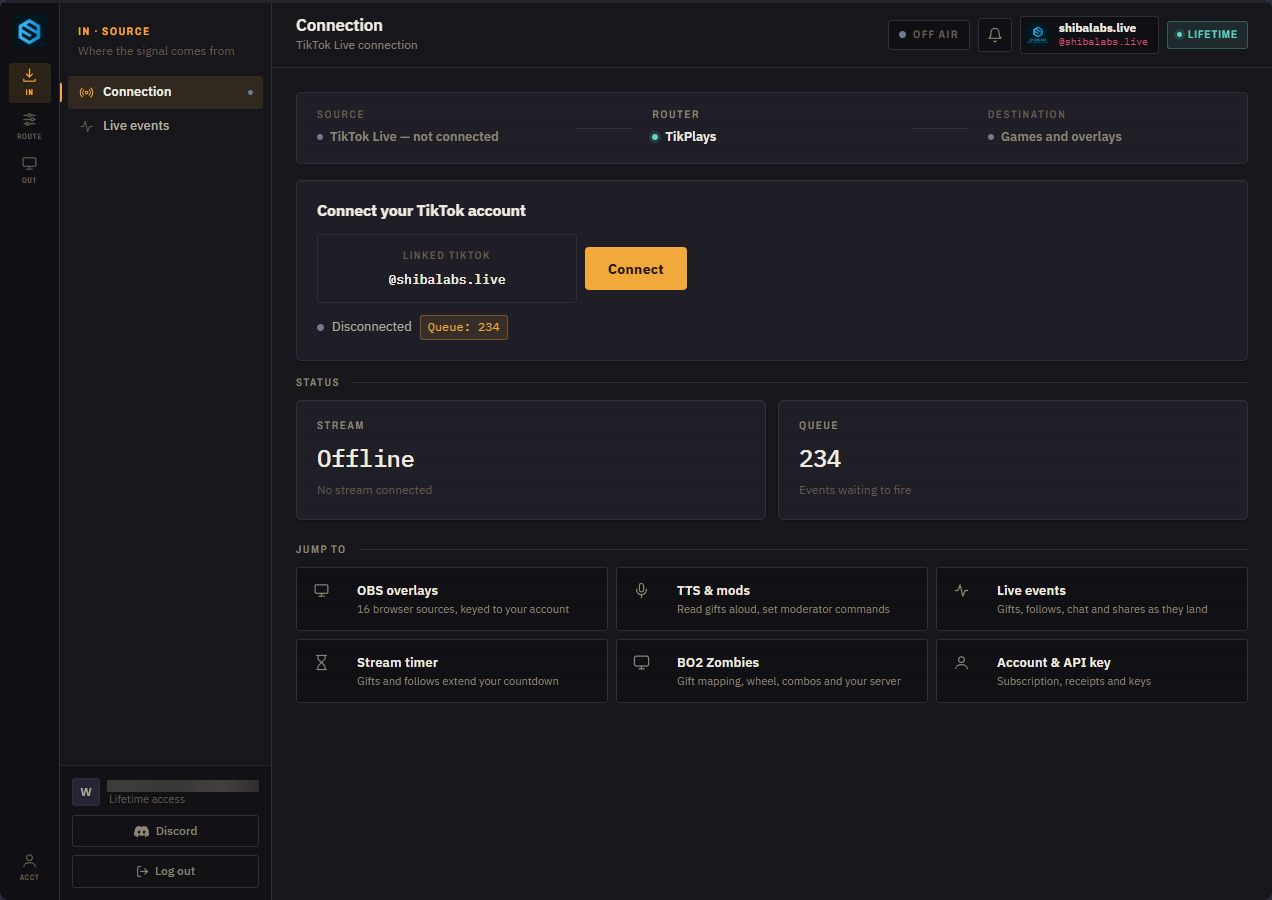 TikPlays dashboard preview — gift-to-action mapping, TTS voice settings, Spotify control and the live event feed